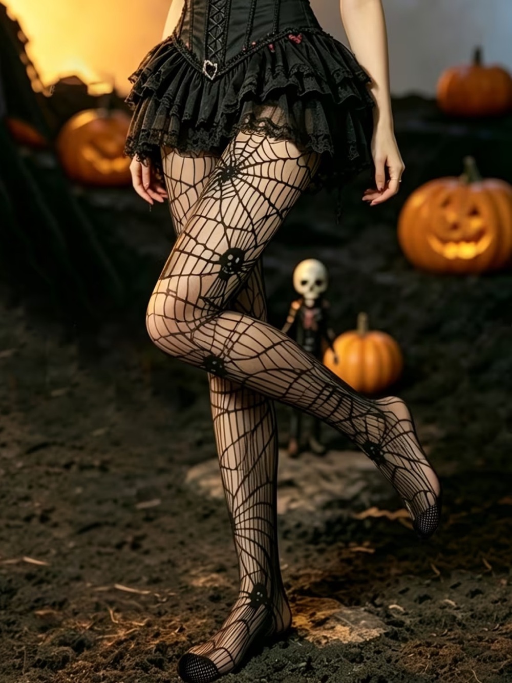 🕸️ Spooky Spiderweb Black Costume Tights - One Size - Picture 3 of 4